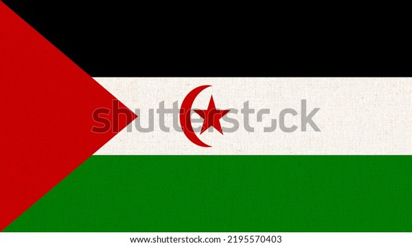 Flag of Western Sahara. flag of Sahrawi\
Arab Democratic Republic on fabric surface. Fabric texture.\
National symbol of Sahara on patterned background. African country.\
3D illustration.