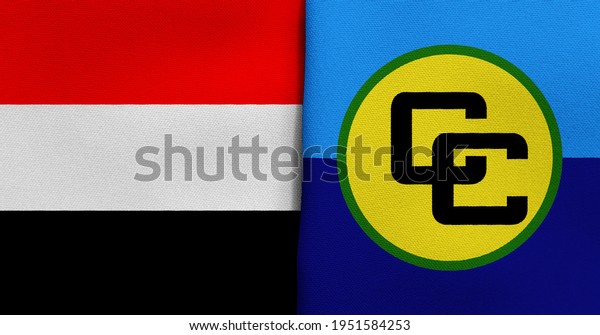 Flag of Yemen and Community of\
the Caribbean - 3D illustration. Two Flag Together - Fabric\
Texture