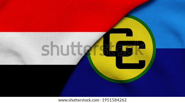 Flag of Yemen and Community of\
the Caribbean - 3D illustration. Two Flag Together - Fabric\
Texture