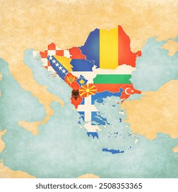 Flags of all countries on the map of Balkans in soft grunge and vintage style, like old paper with watercolor painting. 