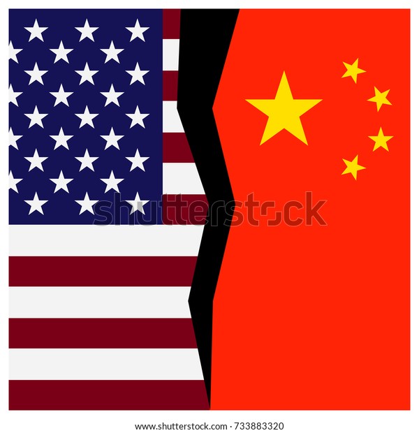 Flags of America and China, divided\
by a crack. The symbol of confrontation, enmity, crisis between the\
two countries. Sign, icon,\
illustration.