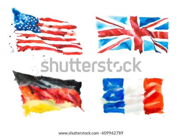 米国 イギリス フランス ドイツの国旗 手描きの水彩イラスト のイラスト素材