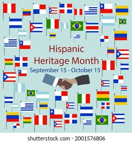 Flags Of America With Text Inscription. National Hispanic Heritage Month. September 15 To October 15. Cultural And Ethnic Diversity.