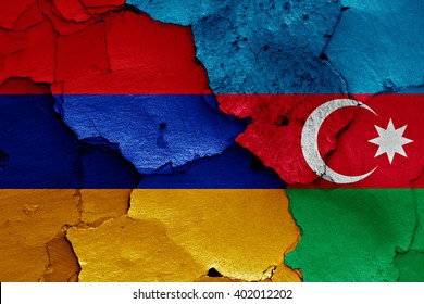 Flags Of Armenia And Azerbaijan Painted On Cracked Wall