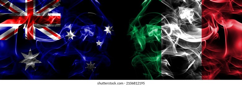 Flags Of Australia, Australian Vs Italy, Italian. Smoke Flag Placed Side By Side On Black Background. 