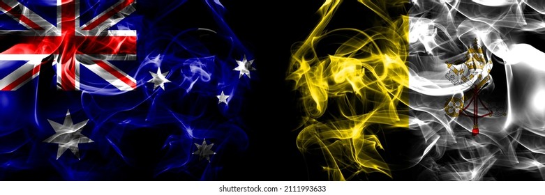 Flags Of Australia, Australian Vs Italy, Italian, Vatican. Smoke Flag Placed Side By Side On Black Background. 