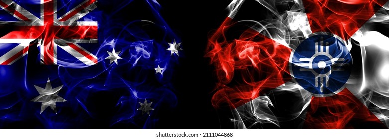 Flags of Australia, Australian vs United States of America, America, US, USA, American, Wichita, Kansas. Smoke flag placed side by side on black background. 