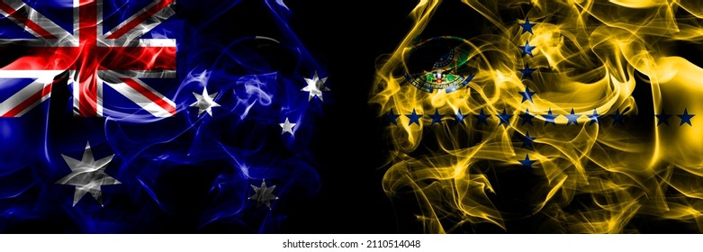 Flags Of Australia, Australian Vs Vice President Brazil. Smoke Flag Placed Side By Side On Black Background. 