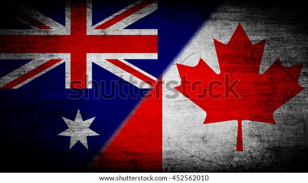 Flags of\
Australia and Canada divided\
diagonally