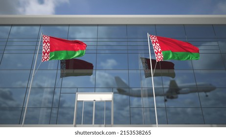 Flags Of Belarus In The Airport And Landing Commercial Plane 3D Rendering