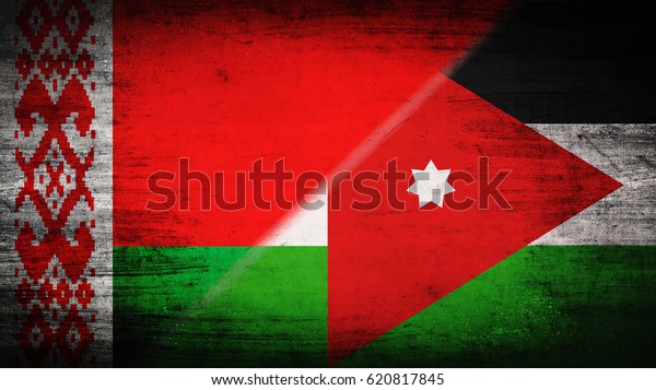 Flags of Belarus\
and Jordan divided\
diagonally