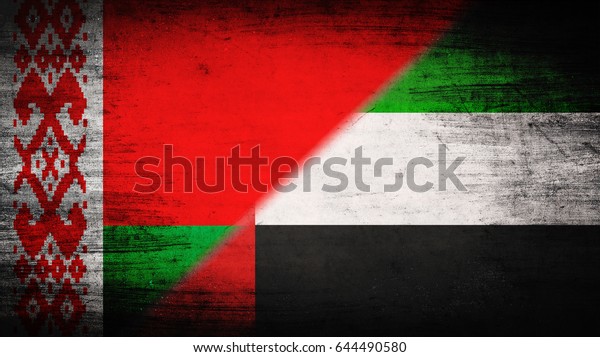 Flags of Belarus and United Arab Emirates\
divided diagonally