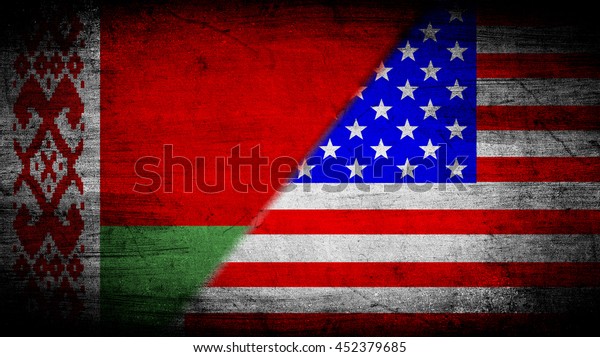 Flags of Belarus\
and USA divided\
diagonally
