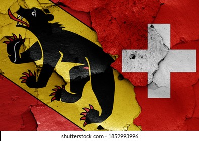 Flags Of Bern Canton And Switzerland Painted On Cracked Wall