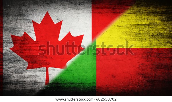 Flags of Canada\
and Benin divided\
diagonally