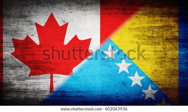 Flags of Canada and Bosnia and Herzegovina\
divided diagonally
