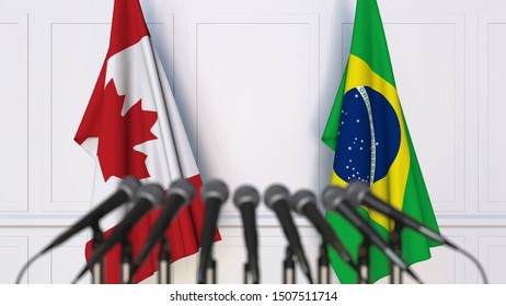 Flags of Canada and Brazil at international meeting or conference. 3D rendering