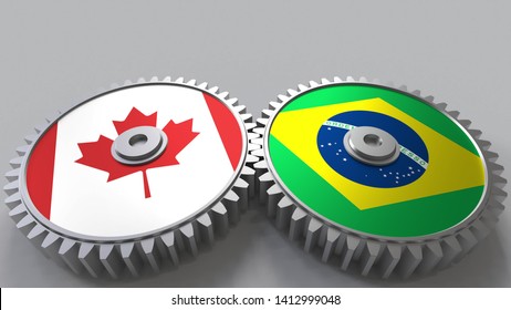Flags of Canada and Brazil on meshing gears. International cooperation conceptual 3D rendering