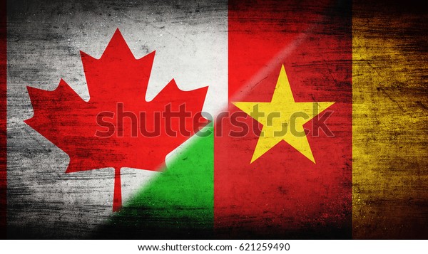 Flags of Canada\
and Cameroon divided\
diagonally
