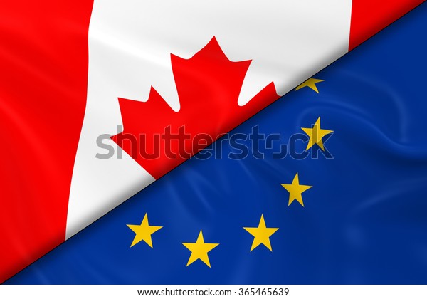 Flags of Canada\
and Europe Divided Diagonally - 3D Render of the Canadian Flag and\
European Flag with Silky\
Texture