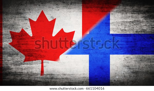 Flags of Canada\
and Finland divided\
diagonally