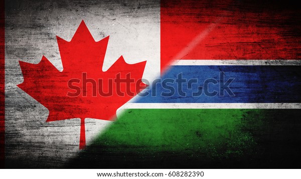 Flags of Canada\
and Gambia divided\
diagonally