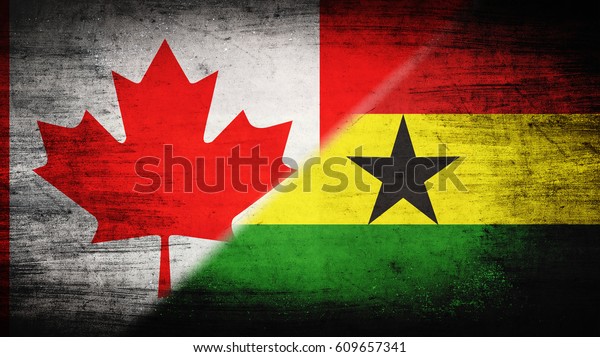 Flags of Canada\
and Ghana divided\
diagonally