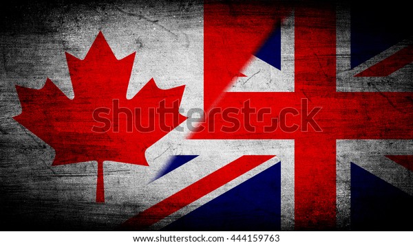 Flags of\
Canada and Great Britain divided\
diagonally