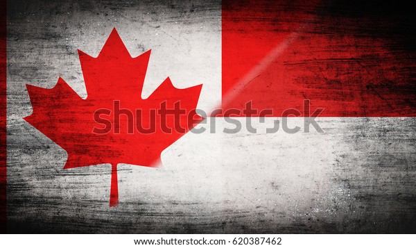 Flags of\
Canada and Indonesia divided\
diagonally