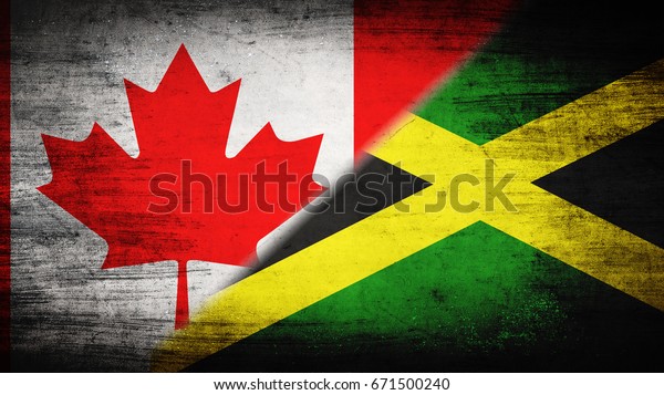 Flags of Canada\
and Jamaica divided\
diagonally
