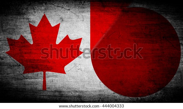 Flags of Canada\
and Japan divided\
diagonally