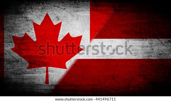 Flags of Canada\
and Latvia divided\
diagonally
