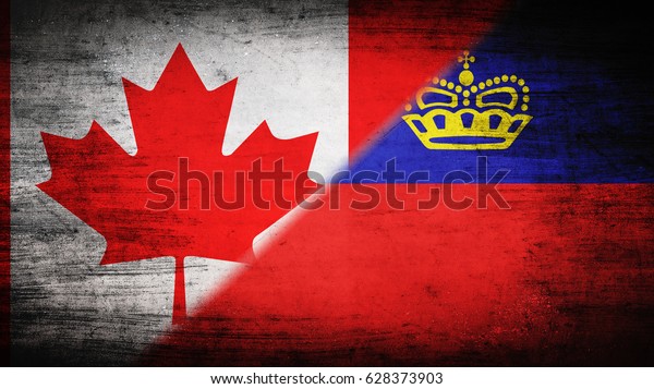 Flags of\
Canada and Liechtenstein divided\
diagonally