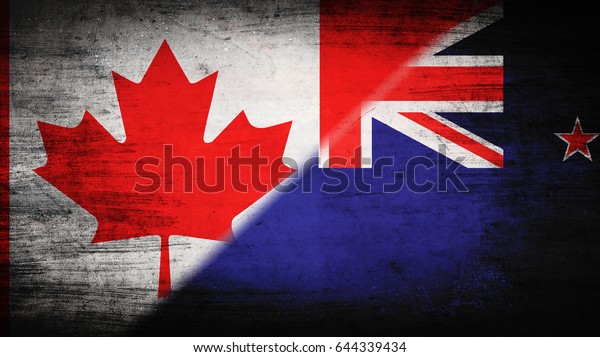 Flags of\
Canada and New Zealand divided\
diagonally