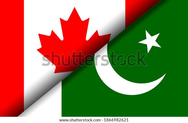 Flags of the Canada and Pakistan divided\
diagonally. 3D\
rendering