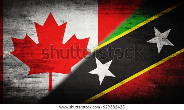 Flags of Canada and Saint Kitts and Nevis
divided diagonally