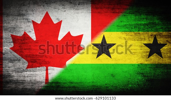 Flags of Canada and Sao Tome and Principe\
divided diagonally