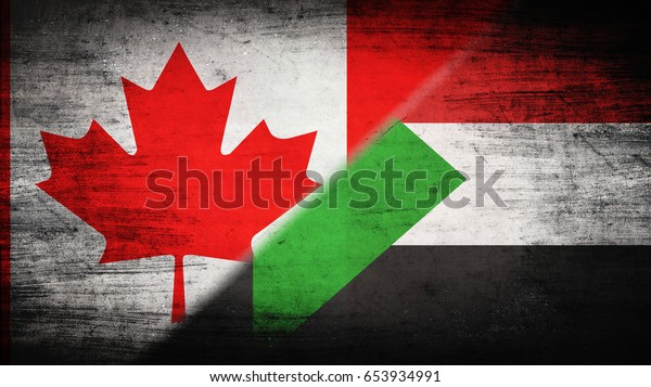 Flags of Canada\
and Sudan divided\
diagonally