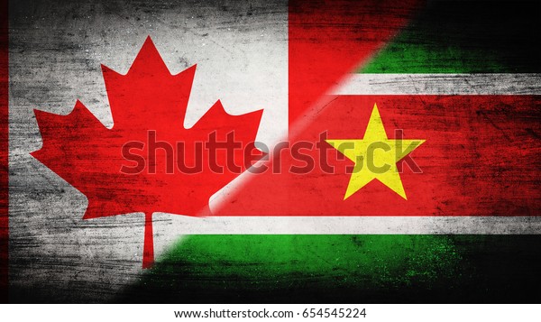 Flags of Canada\
and Suriname divided\
diagonally