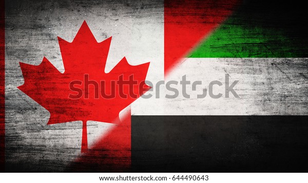 Flags of Canada and United Arab Emirates\
divided diagonally
