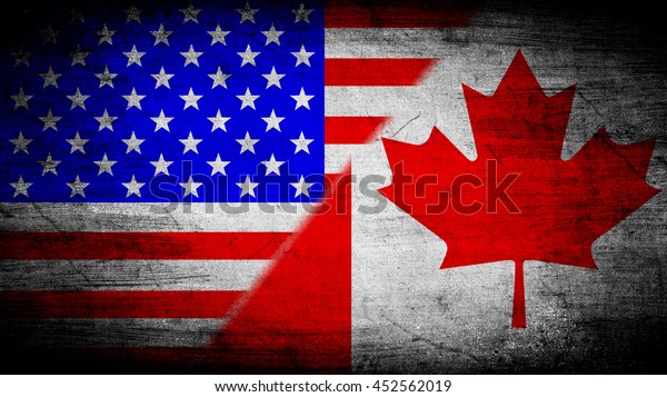 Flags of Canada and\
USA divided\
diagonally