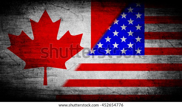 Flags of Canada and\
USA divided\
diagonally