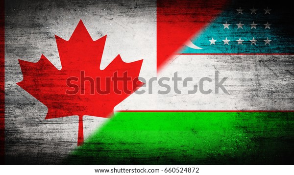 Flags of\
Canada and Uzbekistan divided\
diagonally