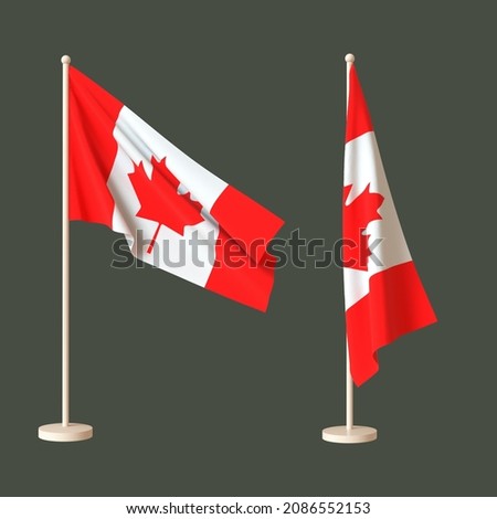 Flags of the Canada waving on a flagpole and twisted on a neutral background. 3D rendering. Layout. Blank for design. Isolated.