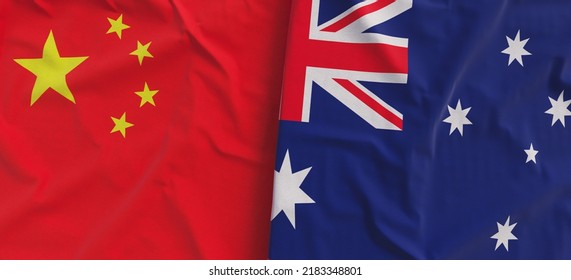 Flags Of China And Australia. Linen Flags Close-up. Flag Made Of Canvas. Chinese Flag. Beijing. Canberra, Sydney. State National Symbols. 3d Illustration.