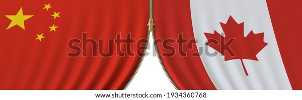 Flags of china and canada and closing or\
opening zipper between them. political negotiations or interaction\
conceptual  3D\
rendering
