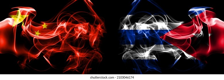 Flags Of China, Chinese Vs Cuba, Cuban. Smoke Flag Placed Side By Side On Black Background. 