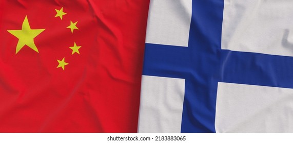 Flags of China and Finland. Linen flags close-up. Flag made of canvas. Chinese flag. Beijing. Finnish. State national symbols. 3d illustration.