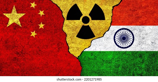 Flags Of China, India And Radiation Symbol Together. China And India Nuclear Deal, Threat, Agreement, Tensions Concept