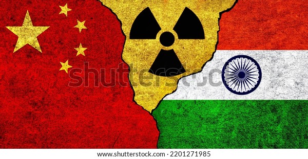 Flags\
of China, India and radiation symbol together. China and India\
Nuclear deal, threat, agreement, tensions\
concept